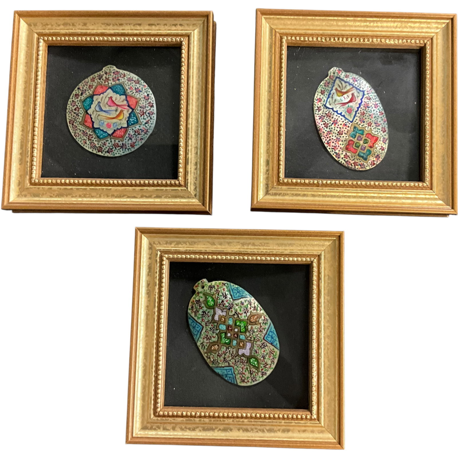 Three Framed Persian-Style Painted Shell Plaques: Bid with confidence, we now offer economical in-house shipping! Just select self-arranged shipping during checkout and we will handle packing and shipping for you.Set of three small hand-painted ceram