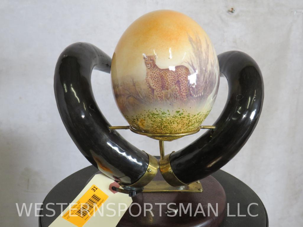 Beautiful Ostrich Egg on Wildebeest Horns Stand  TAXIDERMY (1 of 4)