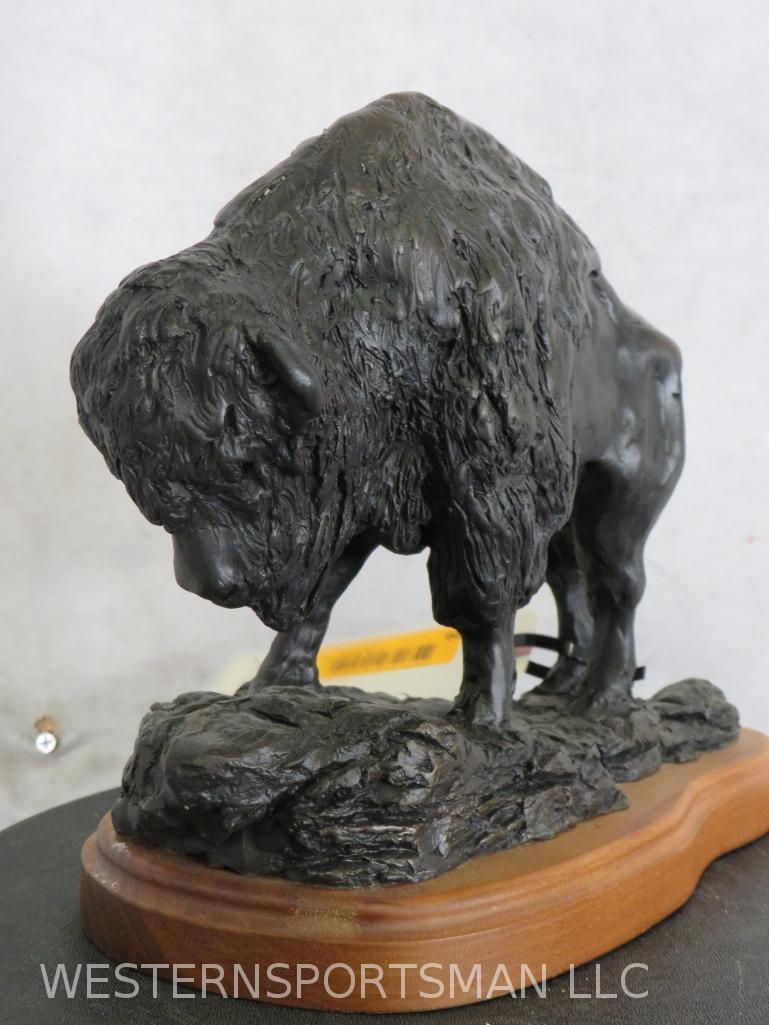 Bronze Buffalo on Wooden Base 9"Hx6"W 8.9lbs  DECOR (1 of 4)