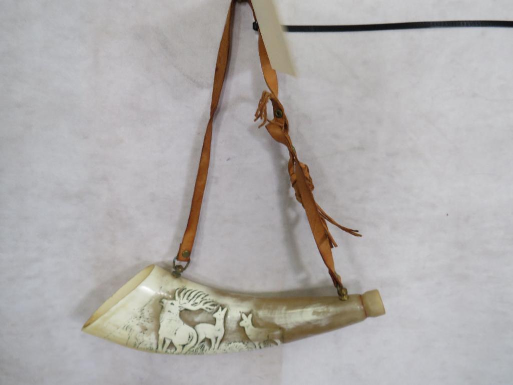 Scrimshawed Antler Horn w/Leather Strap DECOR: TAXIDERMY