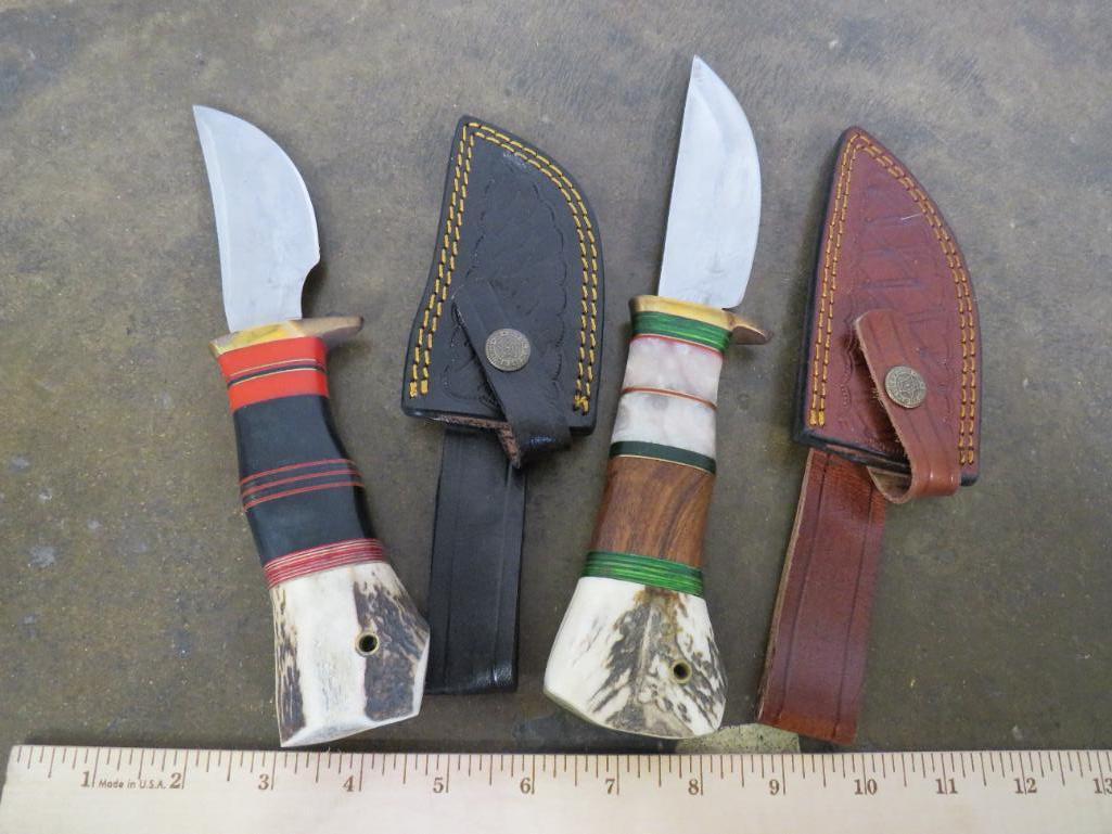 2 Antler Handle Knives w/Leather Sheaths (2x$): TAXIDERMY
