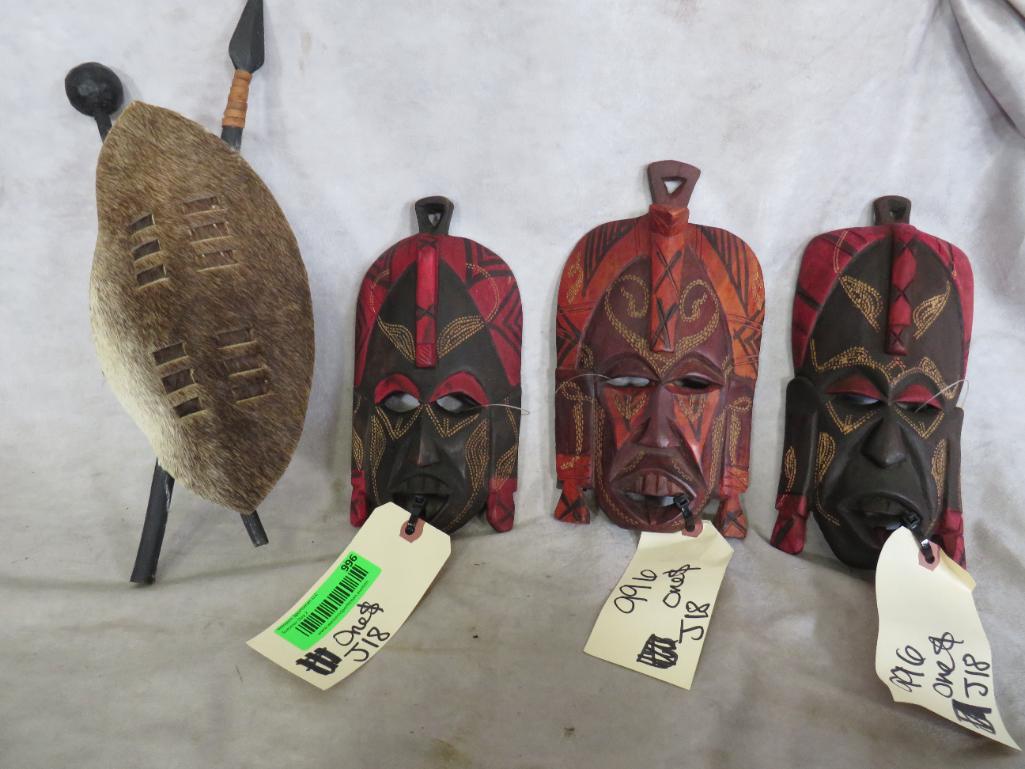 3 African Wooden Masks and Hide Shield (one $): TAXIDERMY