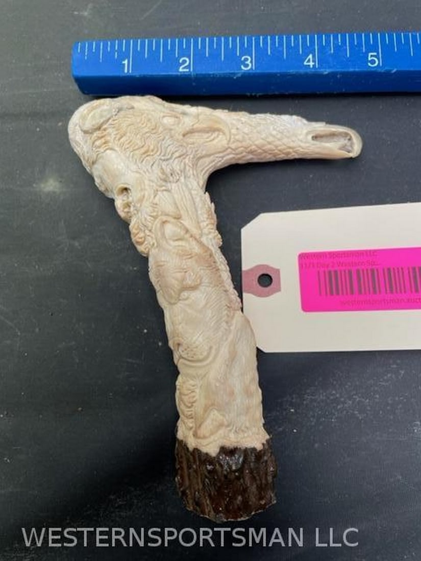 Beautiful carved Stag antler, Eagle, bear, lion, elephant, wolf. and Owl,, cane handle , taxidermy d: Beautiful carved Stag antler, Eagle, bear, lion, elephant, wolf. and Owl,, cane handle , taxidermy decor 6 1/2 inches long X 5 inches