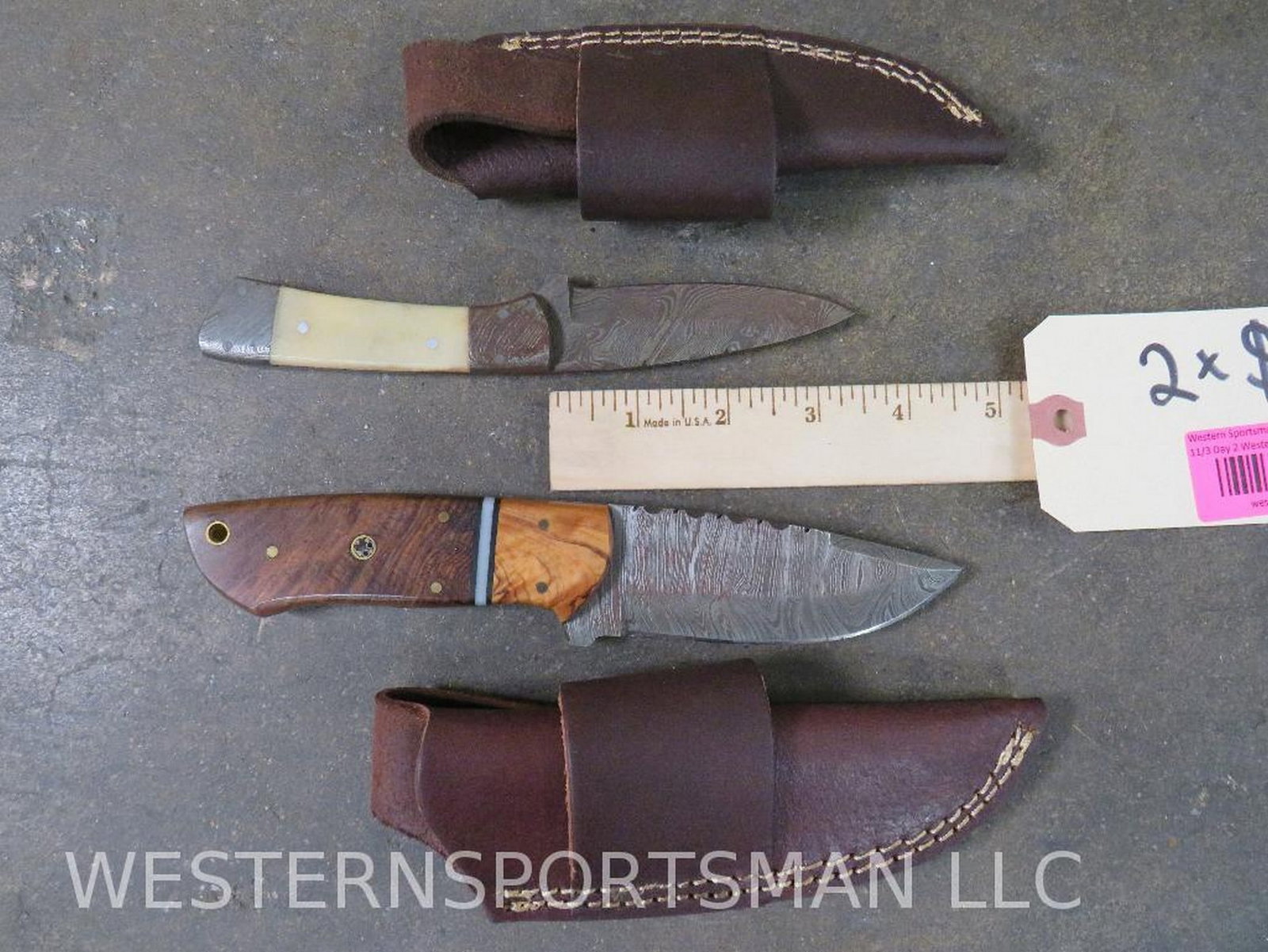 2 Damascus Knives w/Leather Sheaths and Neat Handles (2x$) (1 of 7)