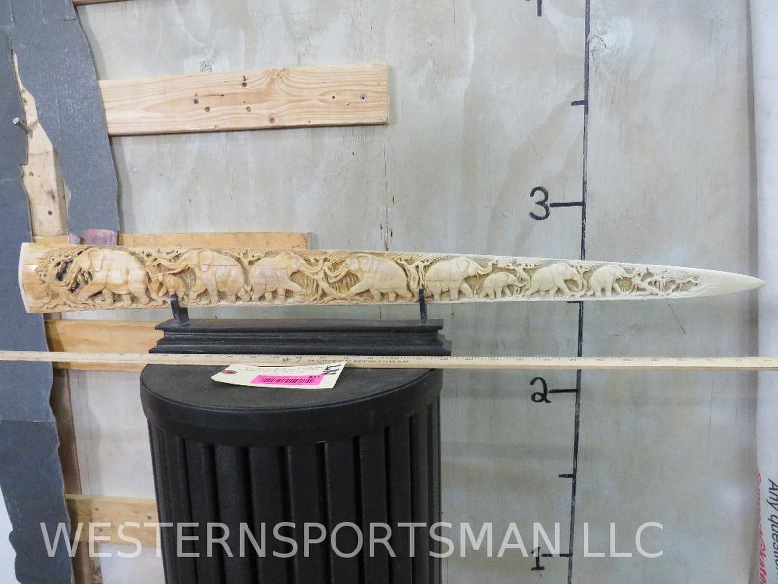 Swordfish Rostrum (Carved Elephant Scene) on Display Stand 32.5"L (1 of 11)