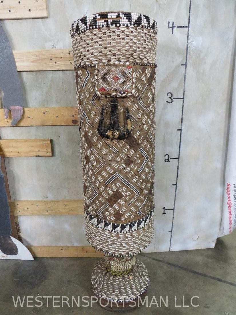 XL African Royal Kuba Drum Embellished w/Cowrie Shells, Glass Beads, Hammered Copper & Textiles (1 of 18)