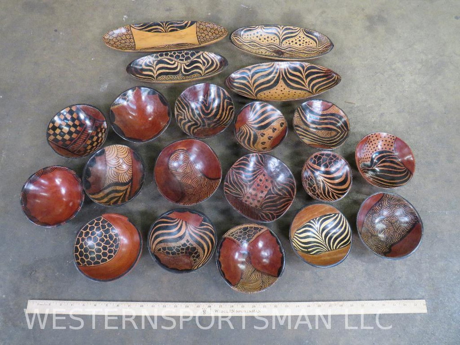 African Teak Wood Bowls (ONE$): 4 oblong trays 11"-14" long 16 bowls 5.5"-7"