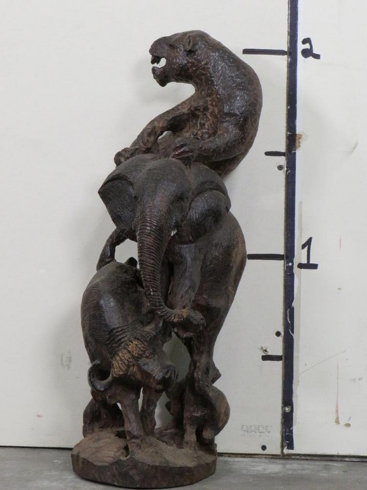 Hand Carved Wood Statue -Leopard, Cape Buffalo & Elephant AFRICAN ART: 26"Tx11"x11" 26.3lbs
