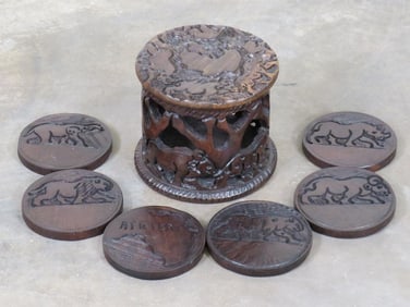 Hand Made BIG 5 Ebony Wood Coaster Set AFRICAN ART