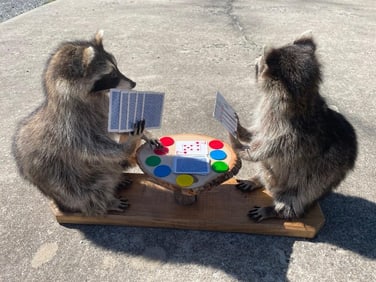 A pair of poker playing Raccoons, Cute, NEW taxidermy, with table, cards & chips ! 34 inches long, 2
