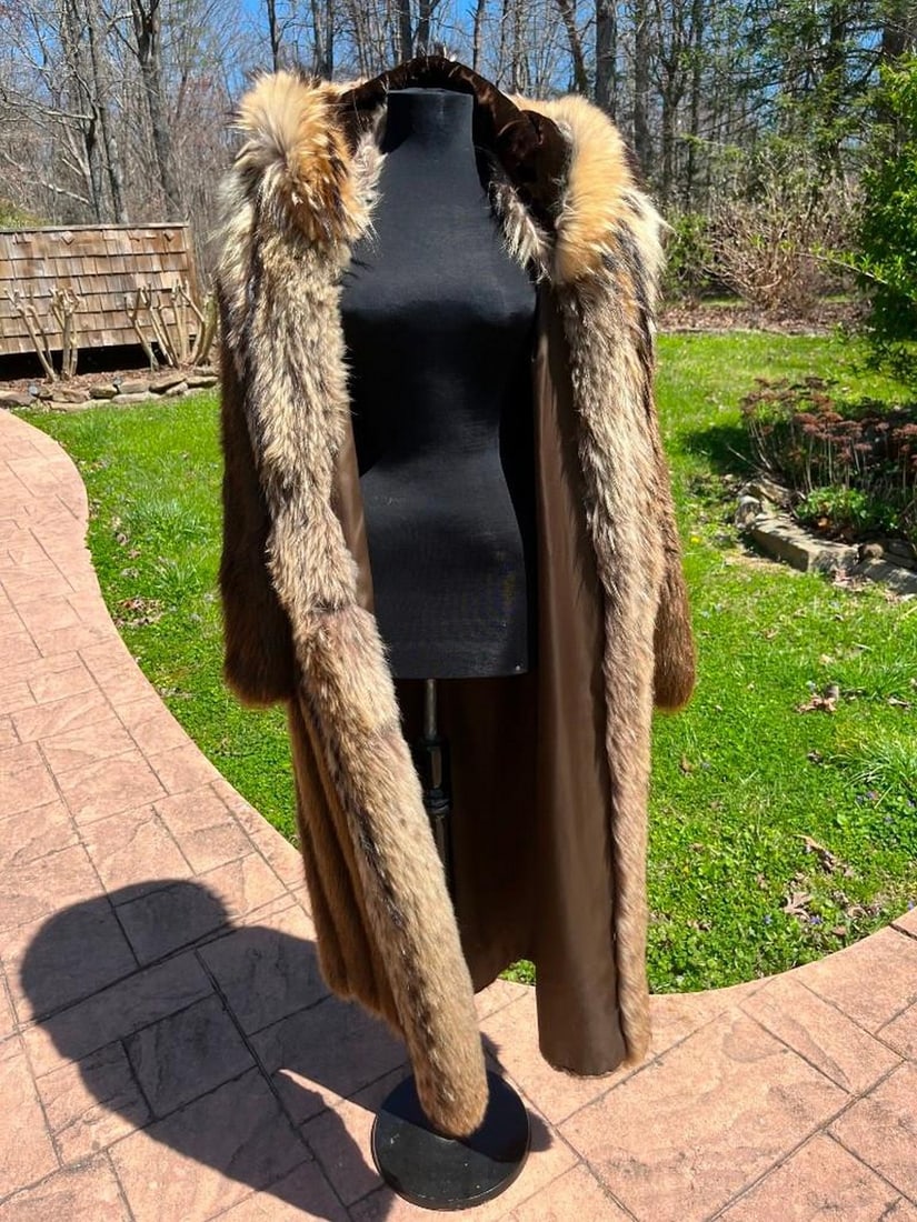 Beautiful Natural Beaver fur coat, with Heavy soft Coyote trim 51 inches long x 18 inches , at the s (1 of 6)