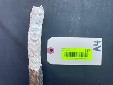 Beautiful, Detailed, carved Stag antler, cane handle, Wolves, Indain, Eagles, buffalo, ram and bears