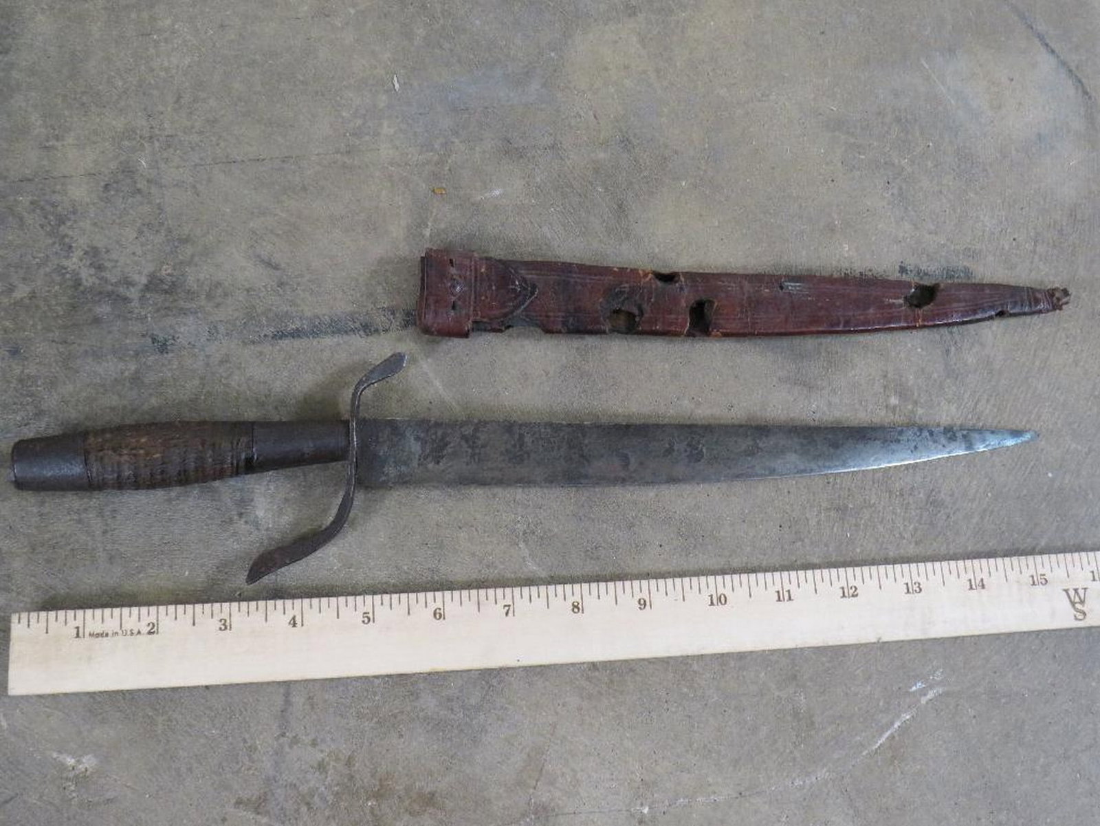 19th Century Antique knife w/Leather Scabbard, no marks, wood handle ANTIQUE (1 of 7)