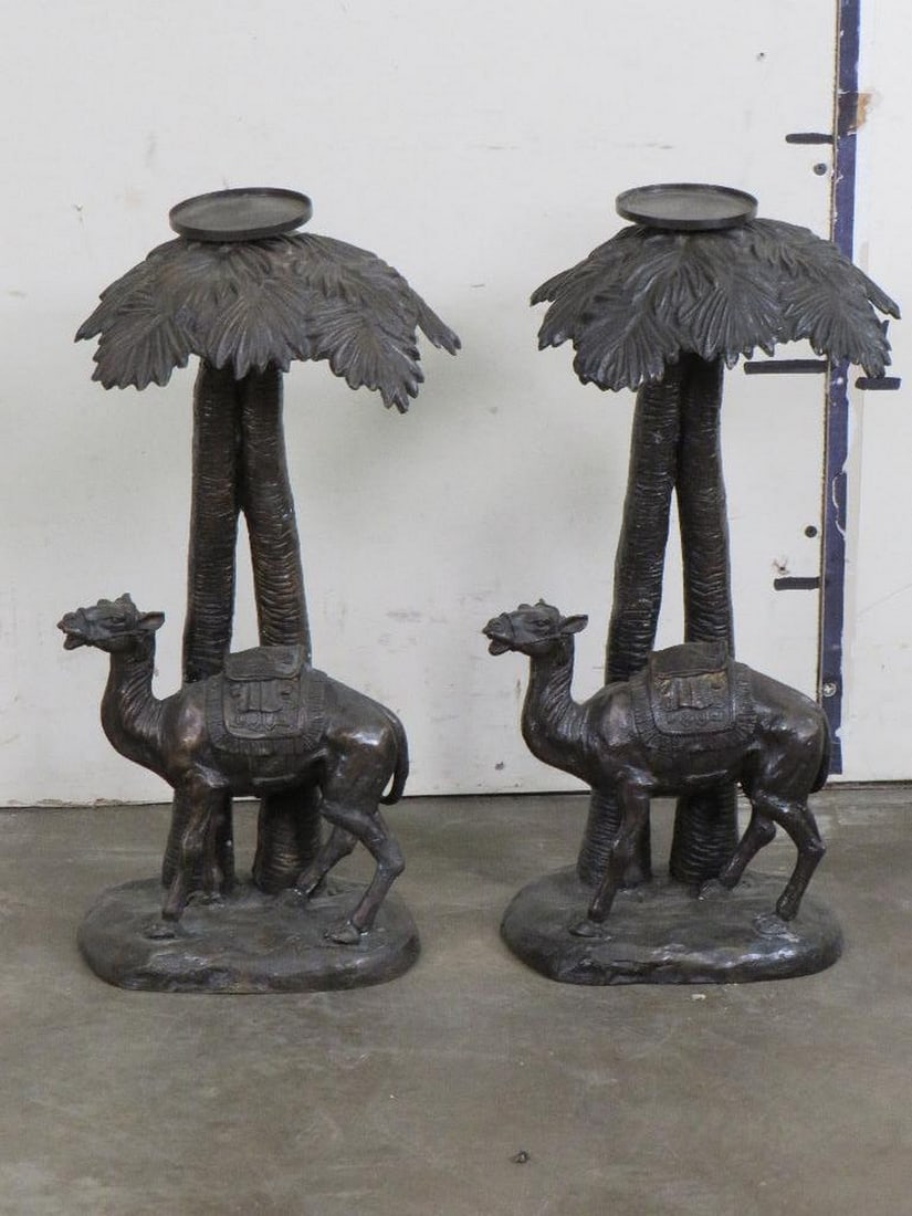 2 Big Bronze Candle Holders w/Palm Tree & Camel (ONE$) (1 of 9)