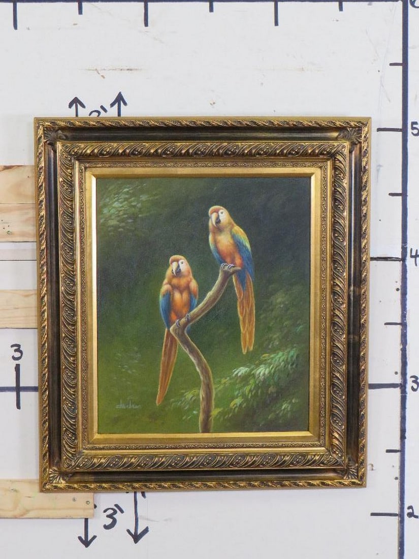 Beautiful Framed Oil Painting on Canvas of 2 Macaws by Artist Zhu Chuan FINE ART (1 of 7)