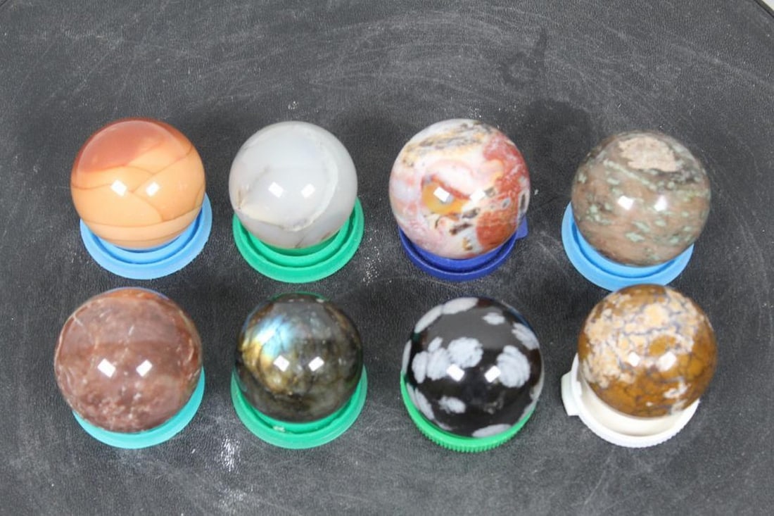 8 Semi Precious Stone/Mineral & Crystal Spheres, Orbs, Balls. (ONE$) ROCKS MINERALS FOSSILS: All are Between 1.045"-1.65" in Diameter, 1lb 6oz total weight