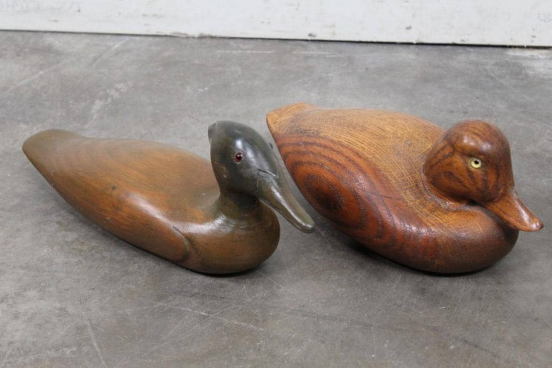 2 Beautifully Crafted Hand Carved Duck Decoys, No Makers Mark Folk Art