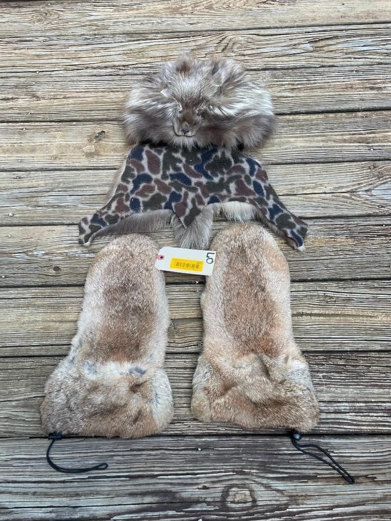 Silver Fox mountain man cap, with rabbit fur mittens, great log cabin taxidermy decor or to USE... w (1 of 4)