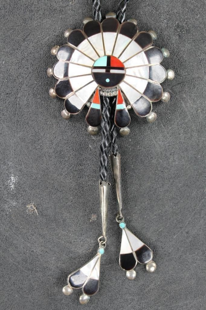 Vintage (1994) Zuni Navajo Hand Made Lapidary, Turquoise & Coral Inlay, Sterling Silver Bolo Tie (1 of 6)