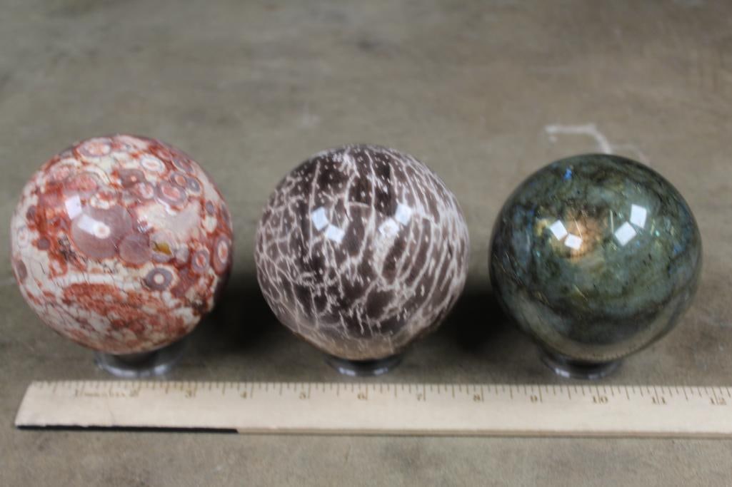 3 Semi-Precious Polished Mineral/Stone Sphere's, Orbs, Balls (ONE$) ROCKS MINERALS FOSSILS CRYSTAL: Orbicular Rhyolite- 3 13/16" diameter 2lbs 6oz Carnelian Gallet- 3 3/4" diameter 2lbs 1oz Spectrolite Labradorite- 3 5/8" diameter 2lbs 7oz