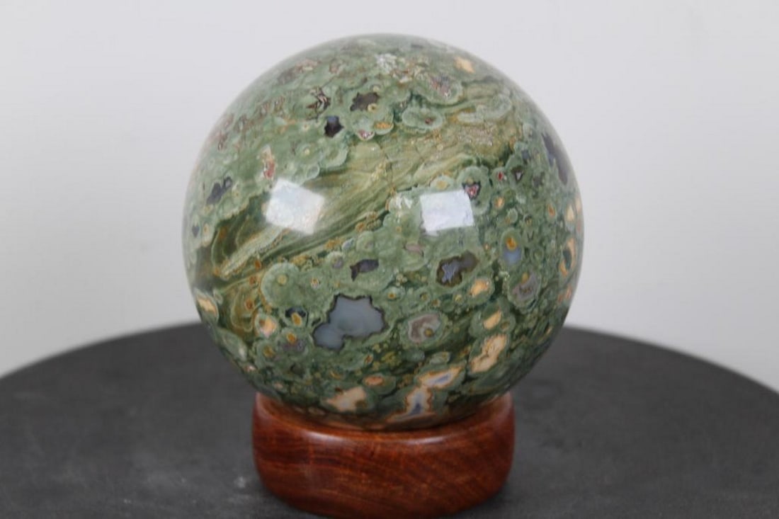 BIG "Rainforest Jasper" Sphere, Orb, Crystal Ball w/Wood Stand ROCKS MINERALS FOSSILS (1 of 6)