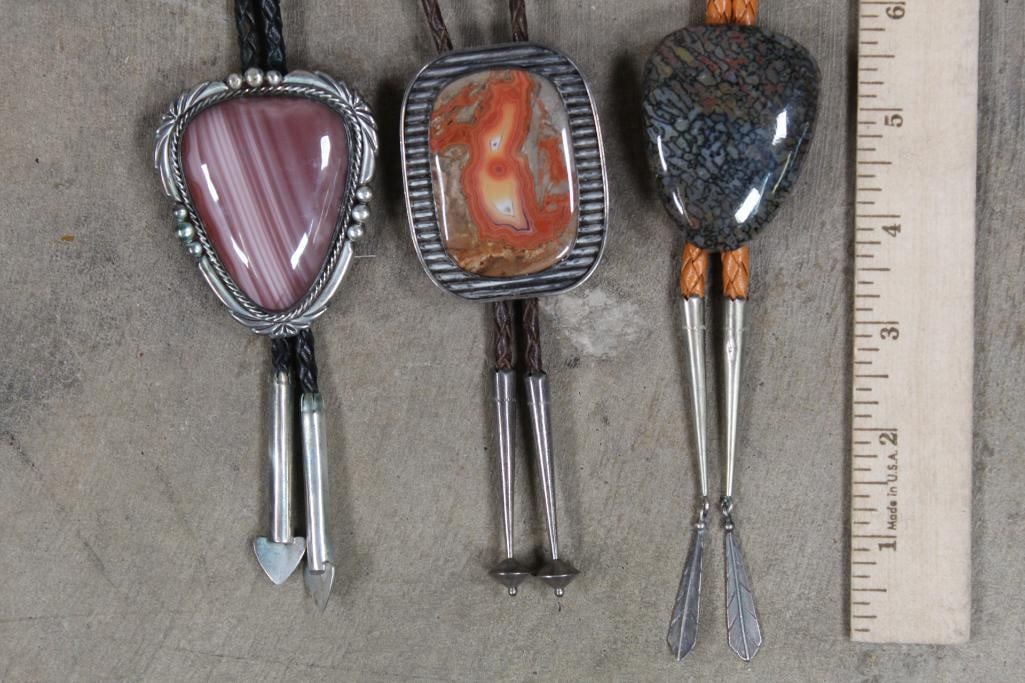3 Handmade Sterling Silver Bolo Ties w/Polished(believed to be) Fossil & Stone Inlay (ONE$) (1 of 11)