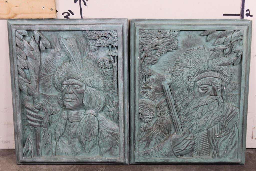 2 Heavy Cast Plaster Frontier Wall Hangings. Signed by artist. Wt: 30lbs 7 oz each (1 of 12)