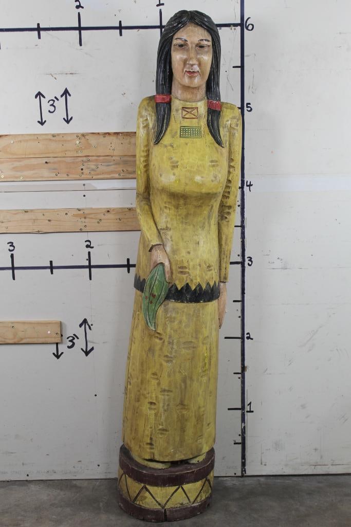 80lb Vintage 6'2" tall "Cigar Store" Indian Corn Maiden Statue. Carved from a single piece of wood (1 of 12)