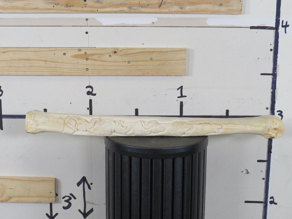 Beautiful Hand Carved GIRAFFE BONE with Big 5 Scene. Wt: 7.5lbs: Incredible hand carved GIRAFFE BONE with Big 5 Scene. Approximately 31"Long x 4.25"Wide. Weight: 7.5lbs. TAXIDERMY