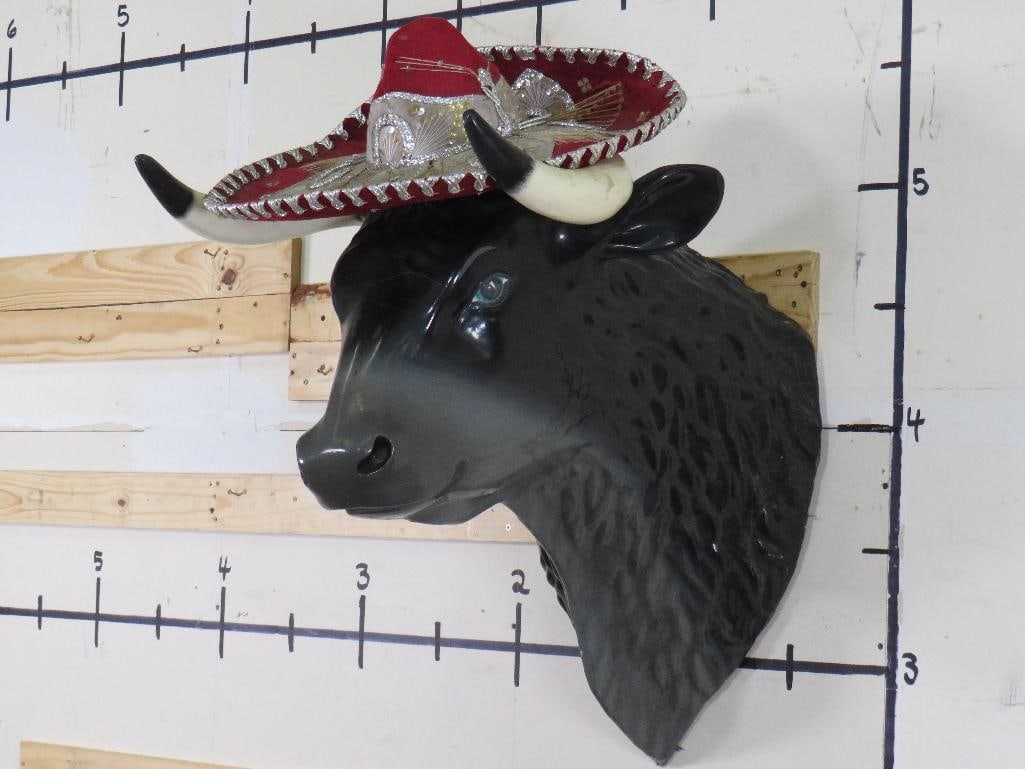 FIBERGLASS BULL Shoulder Mount wearing a Real Sombrero (1 of 10)