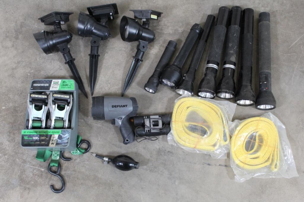 Big Lot! 7 Flashlights, 3 Solar Lights, Hatchet Straps, Spotlight, Hand air pump (1 of 7)