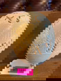 Beautiful Carved OSTRICH Egg, depicts 2 Rhinos with display stand