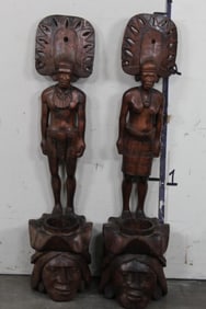 Large Hand Carved Wooden STATUES of Warriors with intricate headdresses