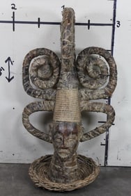 Janus Headcrest LARGE African Statue made from Wood, Hide, and Raffia. Ejagham, Nigeria or Cameroon.