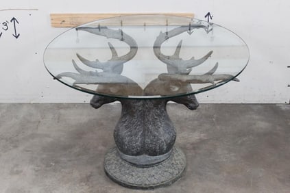 BIG Heavy BRONZE Table with Round Glass Top. Wt:140lbs