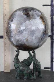XXL 16lb 9oz Polished VOLCANO AGATE & QUARTZ Crystal Sphere with BRONZE Elephant Display