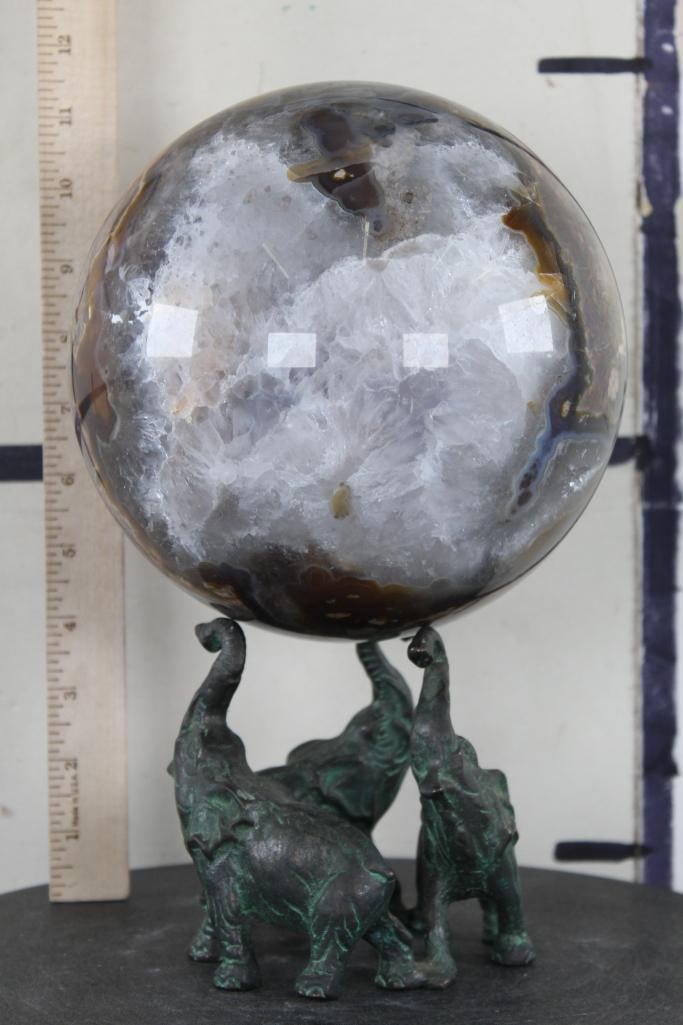 XXL 16lb 9oz Polished VOLCANO AGATE & QUARTZ Crystal Sphere with BRONZE Elephant Display (1 of 11)
