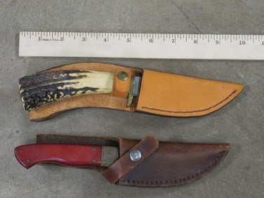 2 Vintage "MADE IN THE USA" Knives w/Leather Sheaths. Both made by Chuck Dominy in Texas