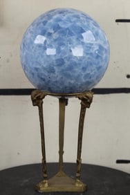 XL 11lb 9oz Polished BLUE CELESTITE Sphere with Decorative Goat Head BRASS Stand