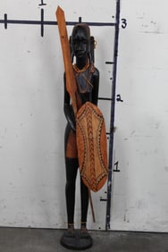 Hand Carved Ironwood Statue of AFRICAN MAASAI WARRIOR with Shield and Spear. Wt: 11lbs 7oz