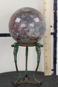 BIG 6lb 11oz Polished OCEAN JASPER Semiprecious Mineral Sphere with Nice BRASS Seahorse Display