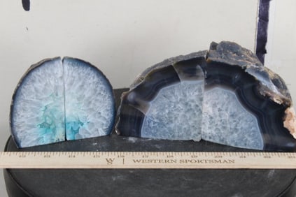 2 Brazilian AGATE GEODE Book End Sets with Polished Quartz Crystal. Dyed Blue