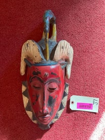 Very Ornate African Mask with Ram horns and Ibis bird on top