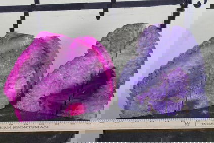 2 Dyed Brazilian AGATE GEODE Book End Sets with Quartz. Pink Wt: 4lbs & Purple Wt: 3lbs 10oz