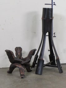 Hand Carved Interlocking Unity Statue of 3 Monkeys & Wood Ceremonial Candle Stand