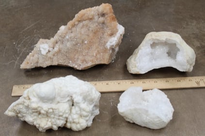 3lbs 10oz DRUZY ALBITE, 3lb 4oz QUARTZ GEODE (2 Pcs.), and 3lbs 13oz KOKOWEEF ARGONITE.