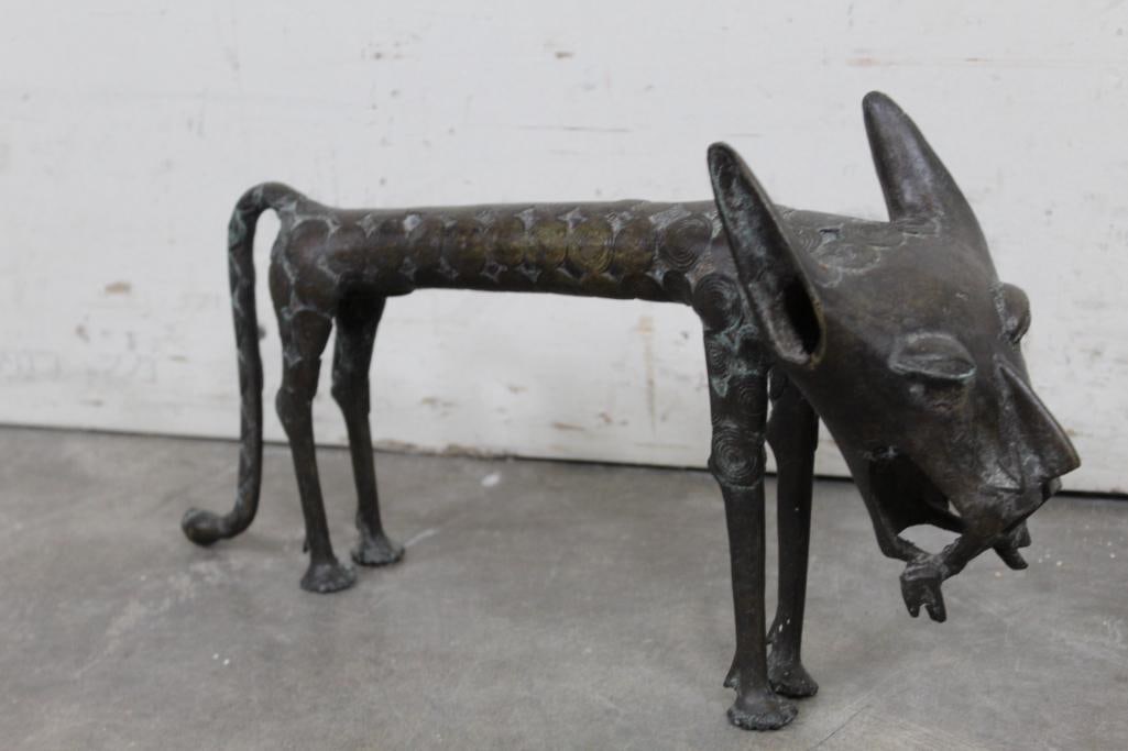 African BRONZE LEOPARD with an ANTELOPE in its Mouth Sculpture, Weight: 7lbs 9oz (1 of 9)
