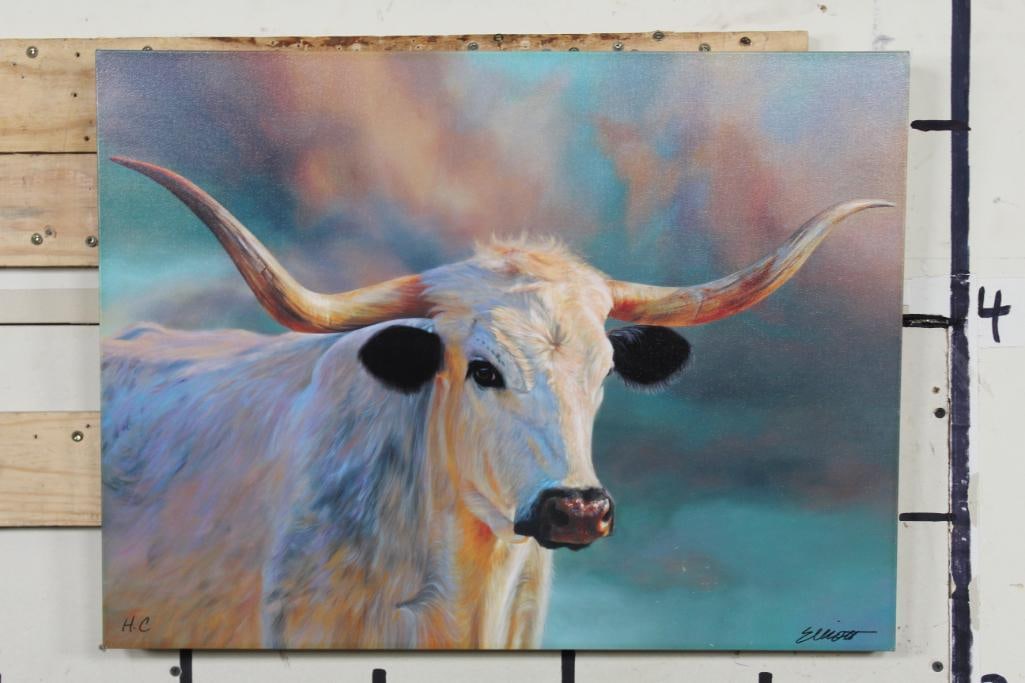 "Blue Roan" by Teresa Elliott Giclee Canvas: "Blue Roan" by Teresa Elliott Giclee Canvas. Signed "H.C." in one corner and "Elliott" in the other. Measures 24" Wide x 18" Tall, has a wire hanger for easy display. COLLECTIBLE ART