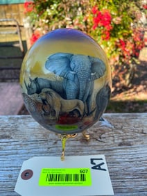 Beautiful OSTRICH EGG showcasing the "Big 5" with a Brass Display Stand