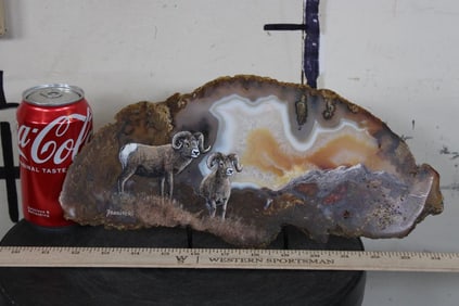Original Rocky Mountain BIGHORN SHEEP Painting Signed by artist Anton Znanieki on a Brazilian AGATE